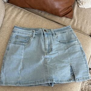 Luvamia (from Amazon) Light Wash Denim Mini Skirt with Front Slit with shorts